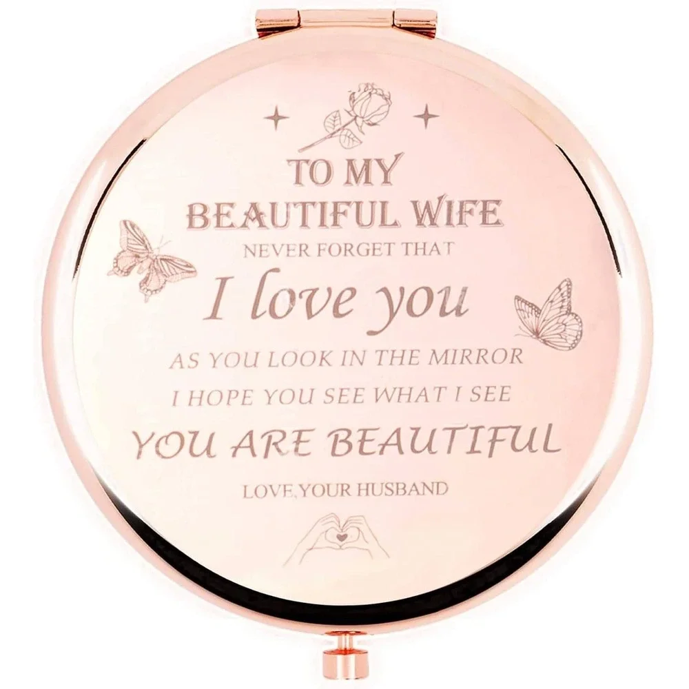 Rose Gold Engraved Compact Mirror To My‎ Beautiful Wife Gift with Box